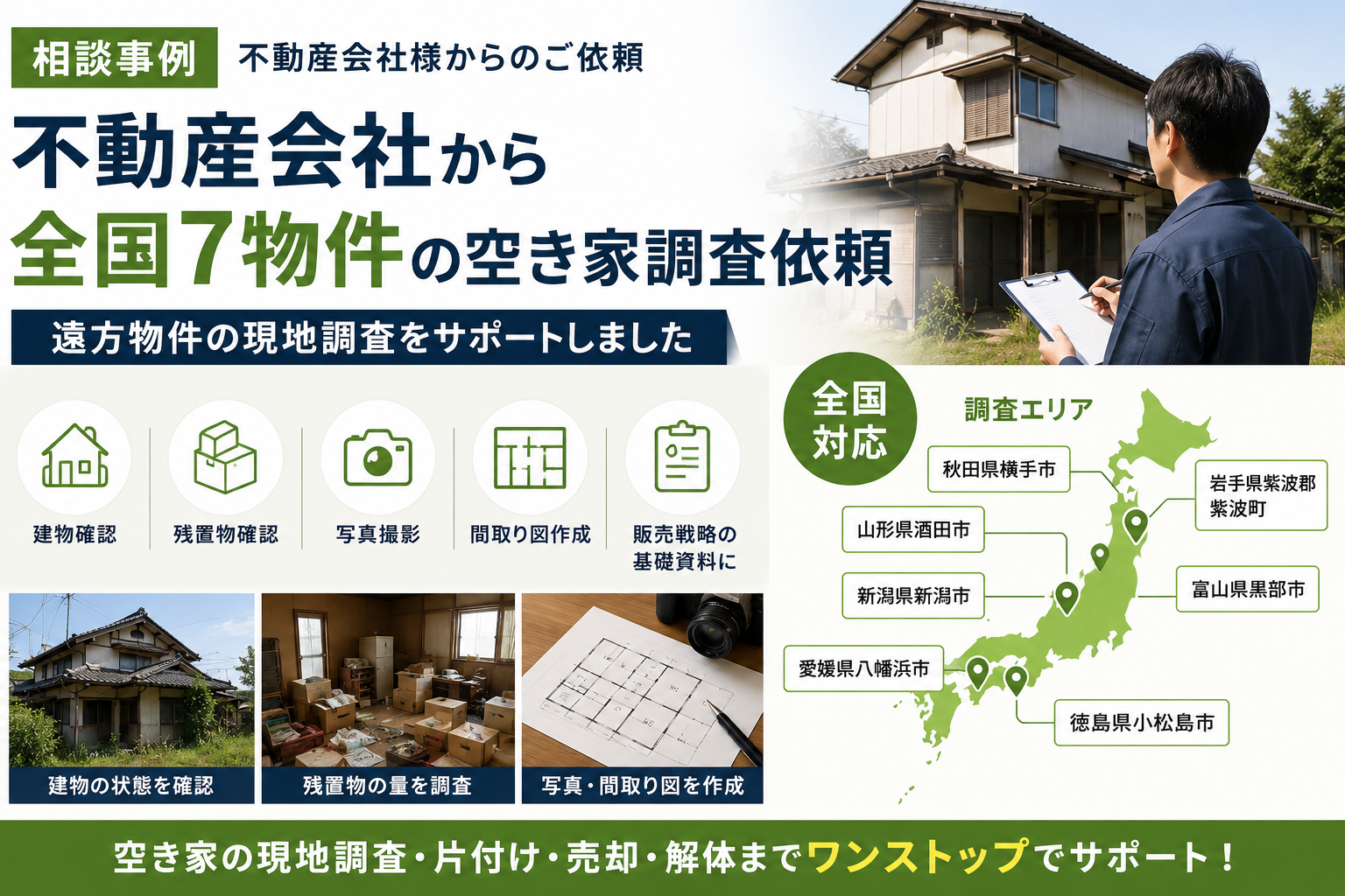 不動産会社から全国7物件の空き家調査依頼