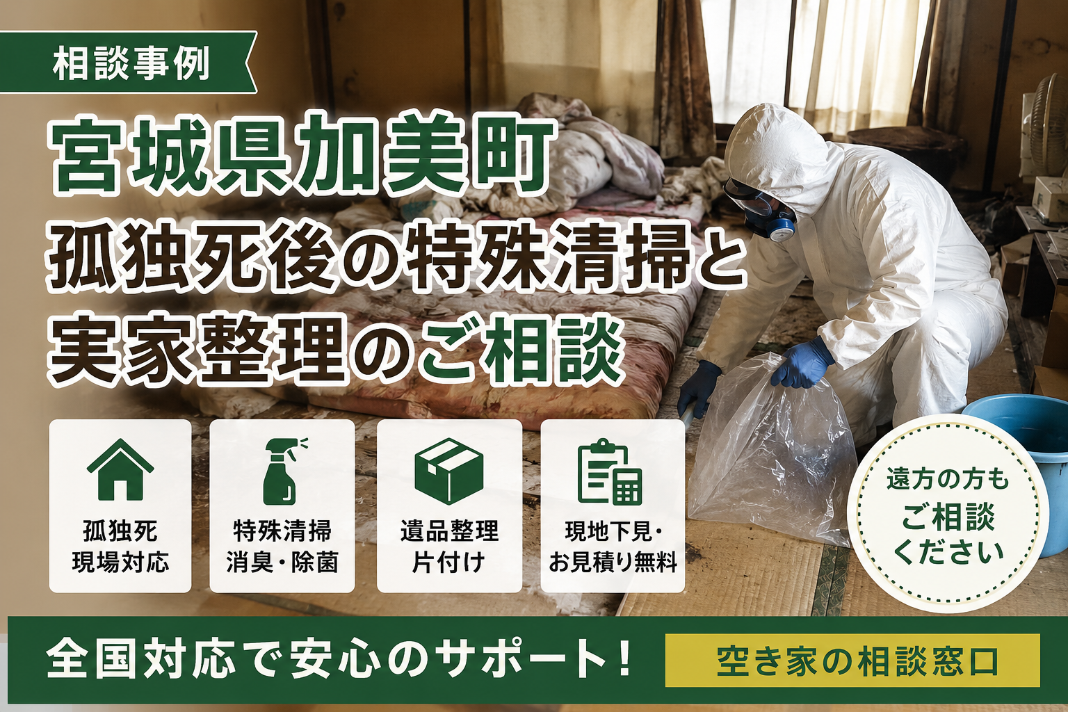 宮城県加美町の孤独死後の特殊清掃と実家整理のご相談