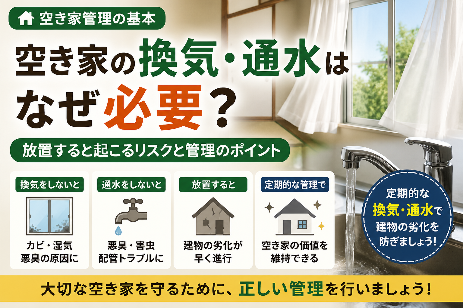 空き家管理,換気,通水,空き家放置,実家管理,遠方の空き家,カビ対策,悪臭対策,空き家相談